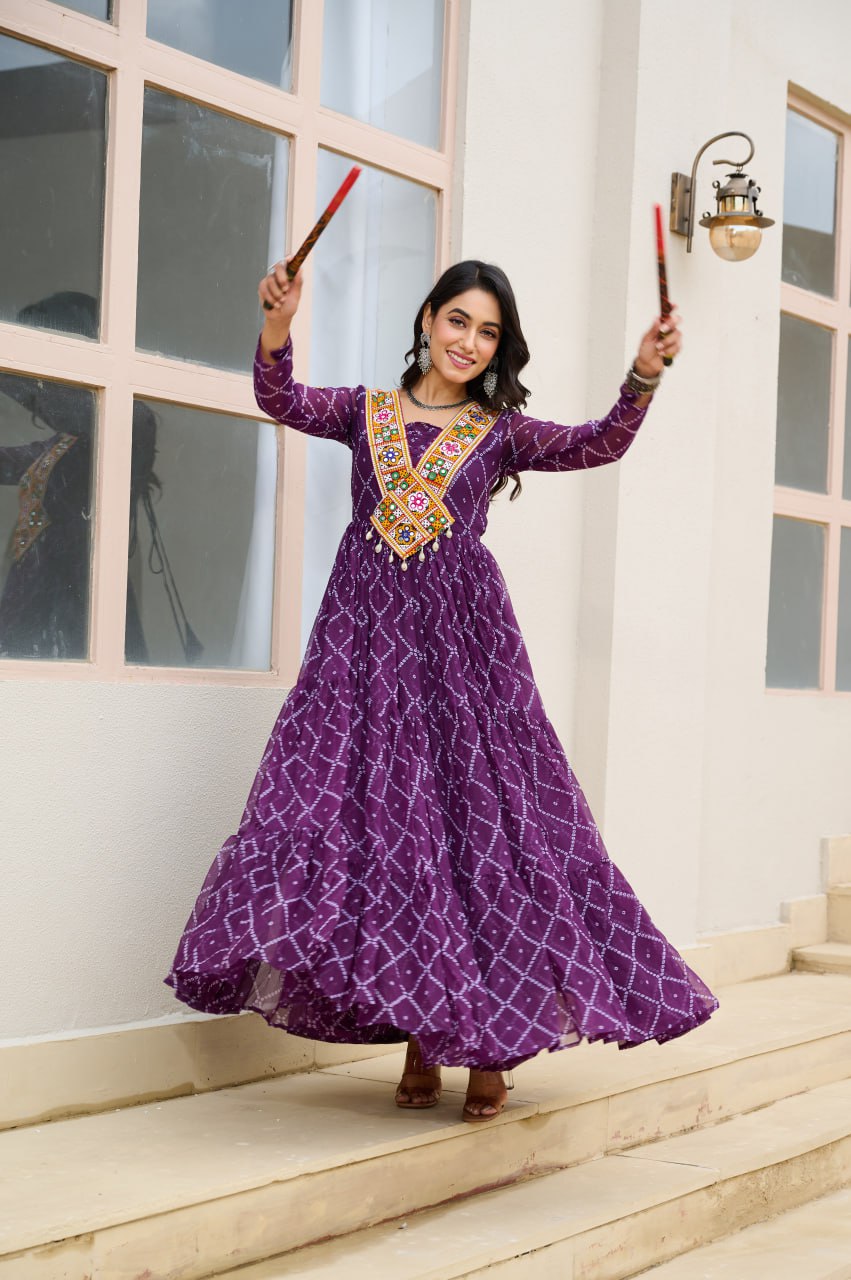Gorgeous Yellow Georgette Bandhani Work Navratri Gown