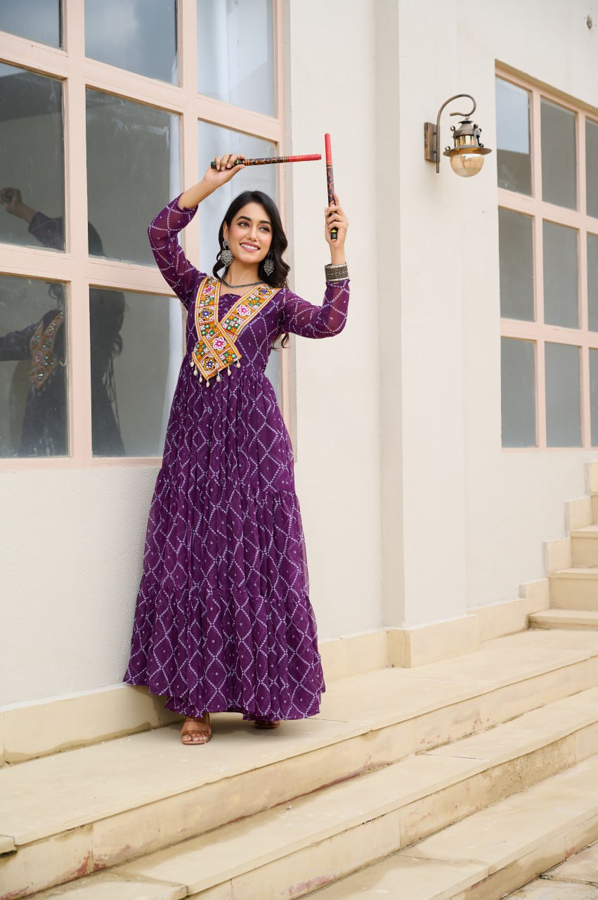 Gorgeous Yellow Georgette Bandhani Work Navratri Gown