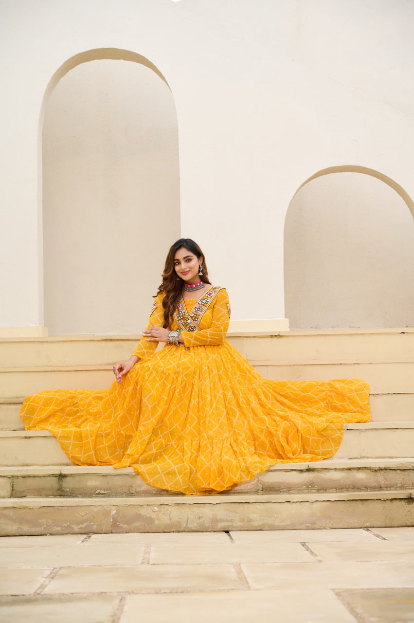 Gorgeous Yellow Georgette Bandhani Work Navratri Gown