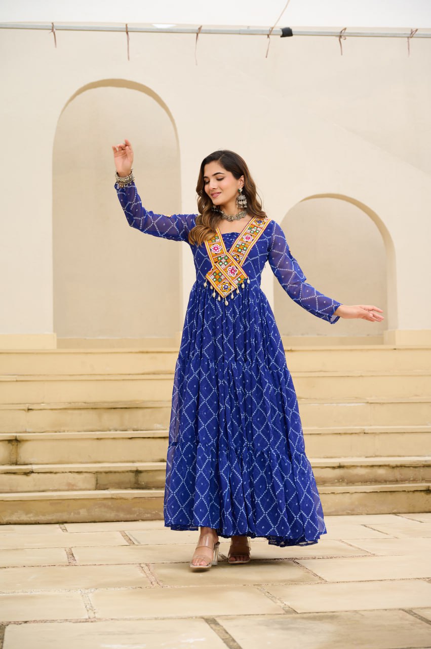 Gorgeous Yellow Georgette Bandhani Work Navratri Gown