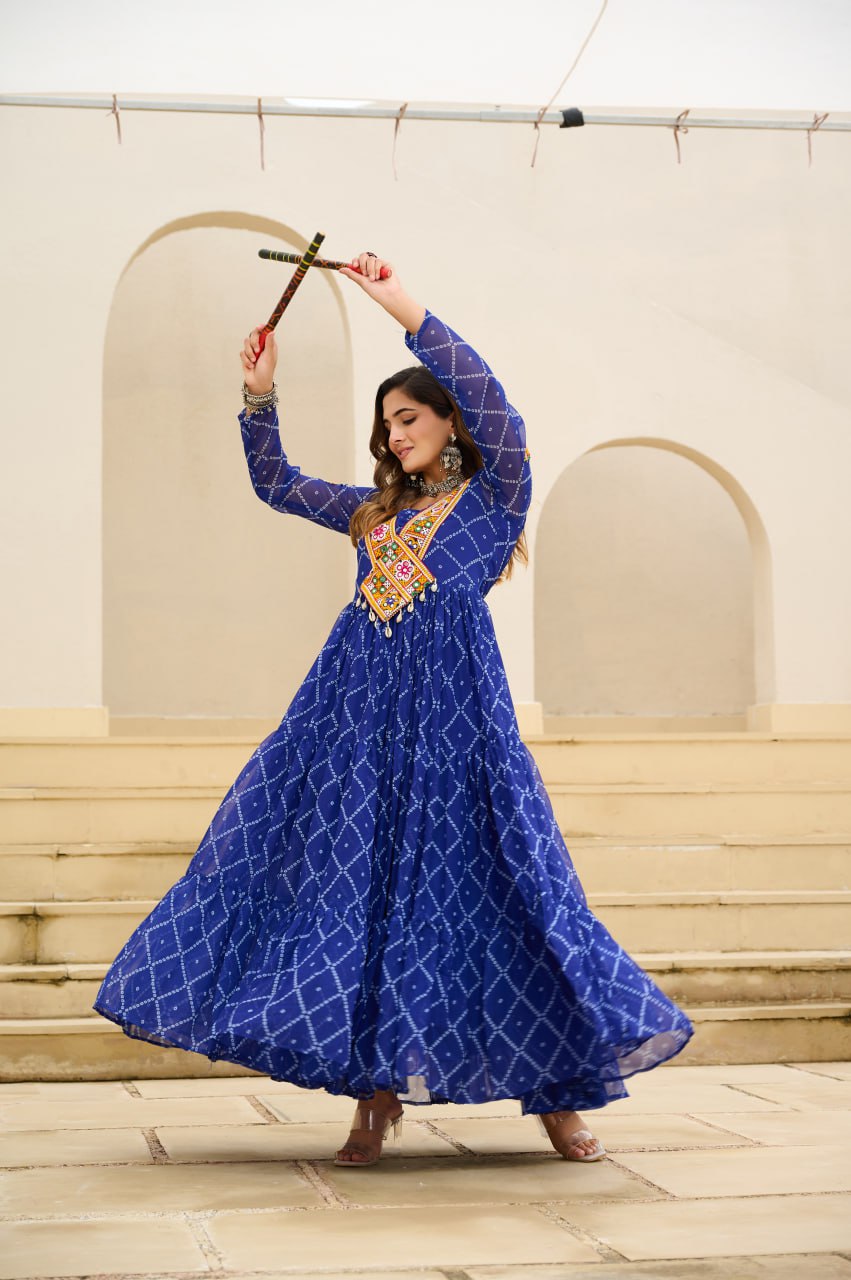 Gorgeous Yellow Georgette Bandhani Work Navratri Gown