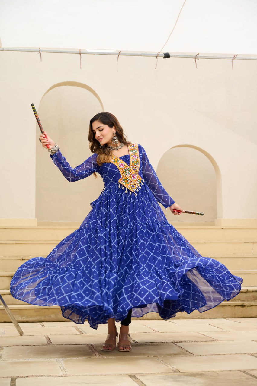 Gorgeous Yellow Georgette Bandhani Work Navratri Gown