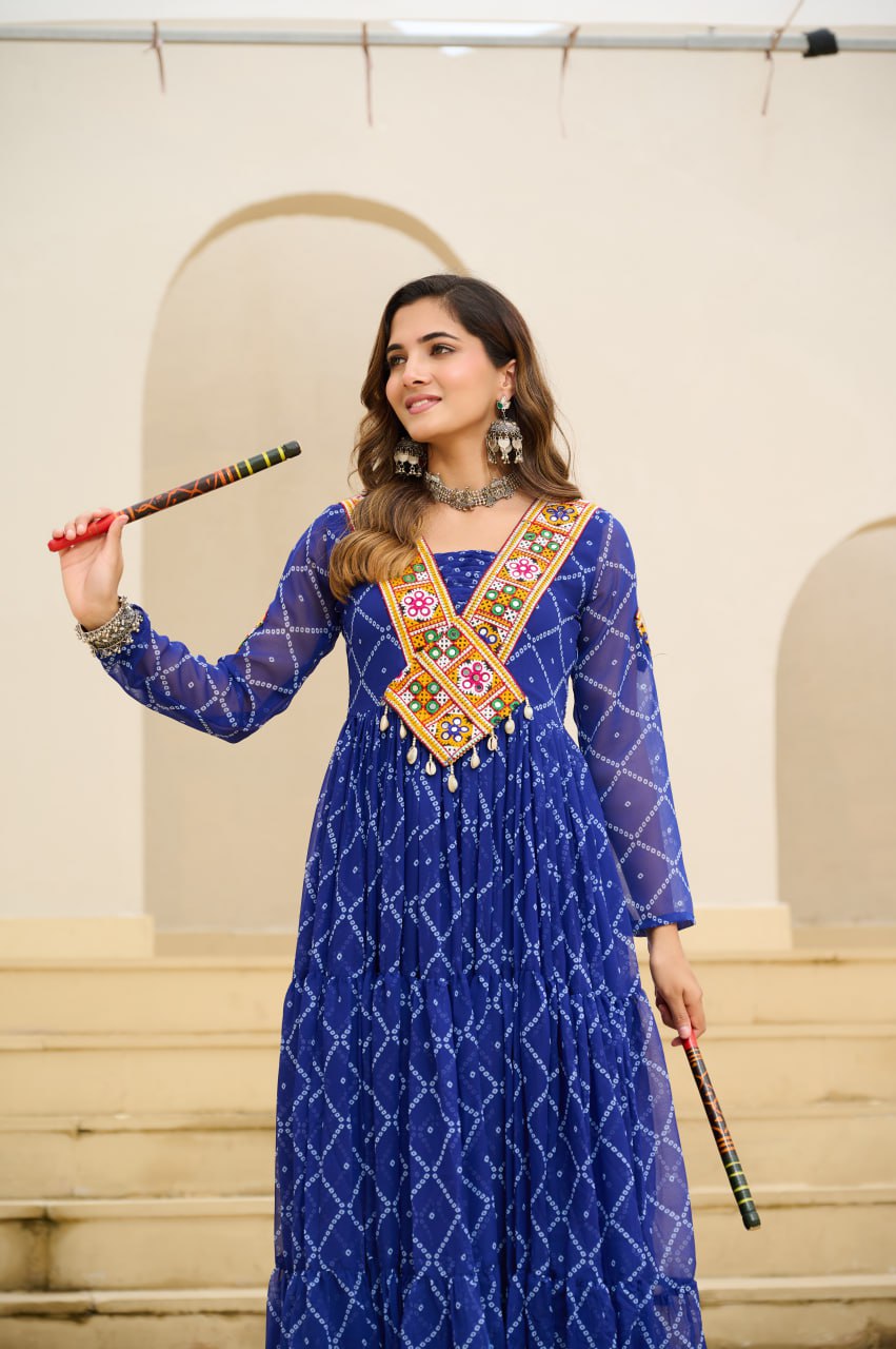 Gorgeous Yellow Georgette Bandhani Work Navratri Gown