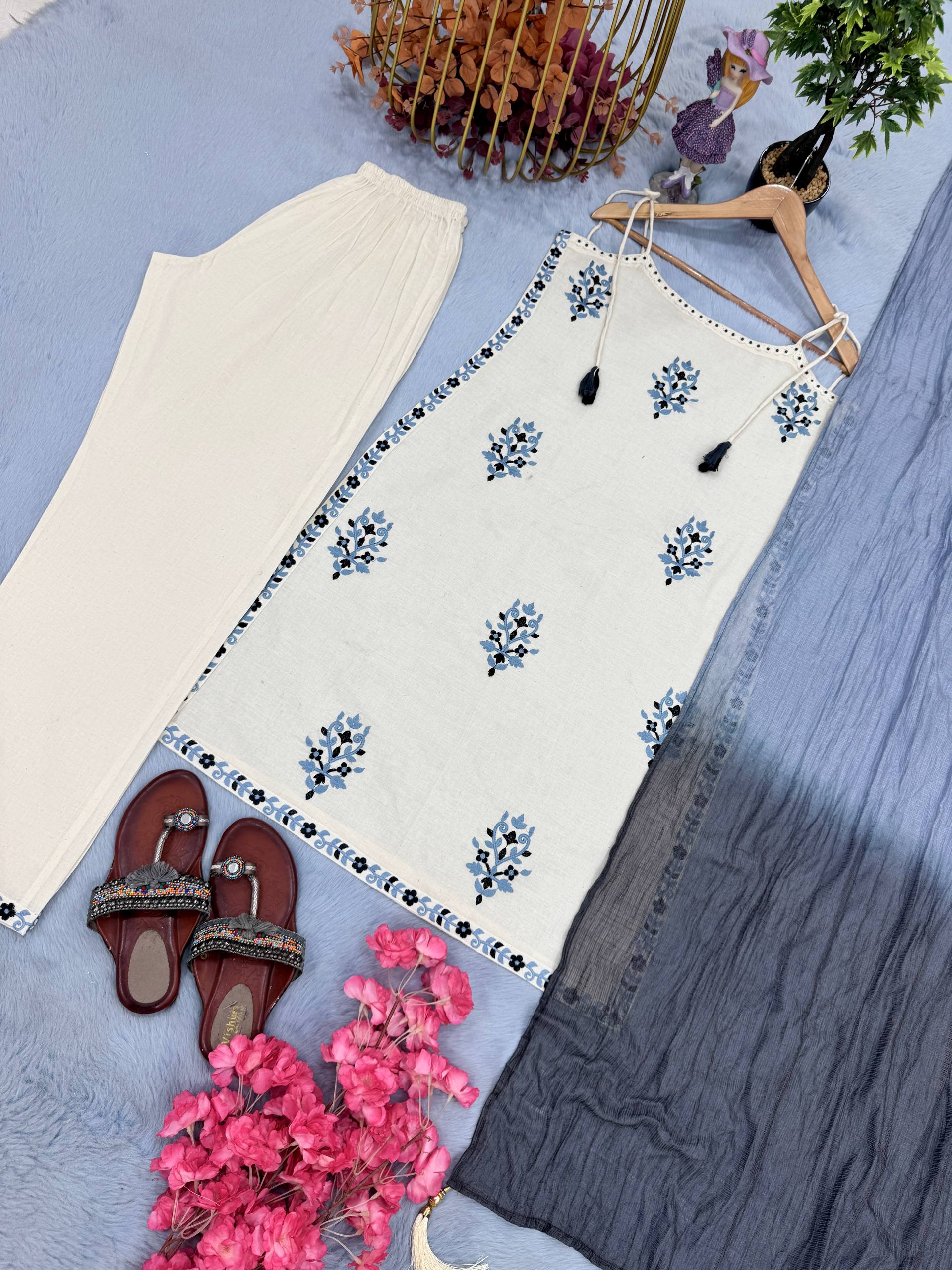 Stylish White Khadi Cotton Embroidery Salwar Suit