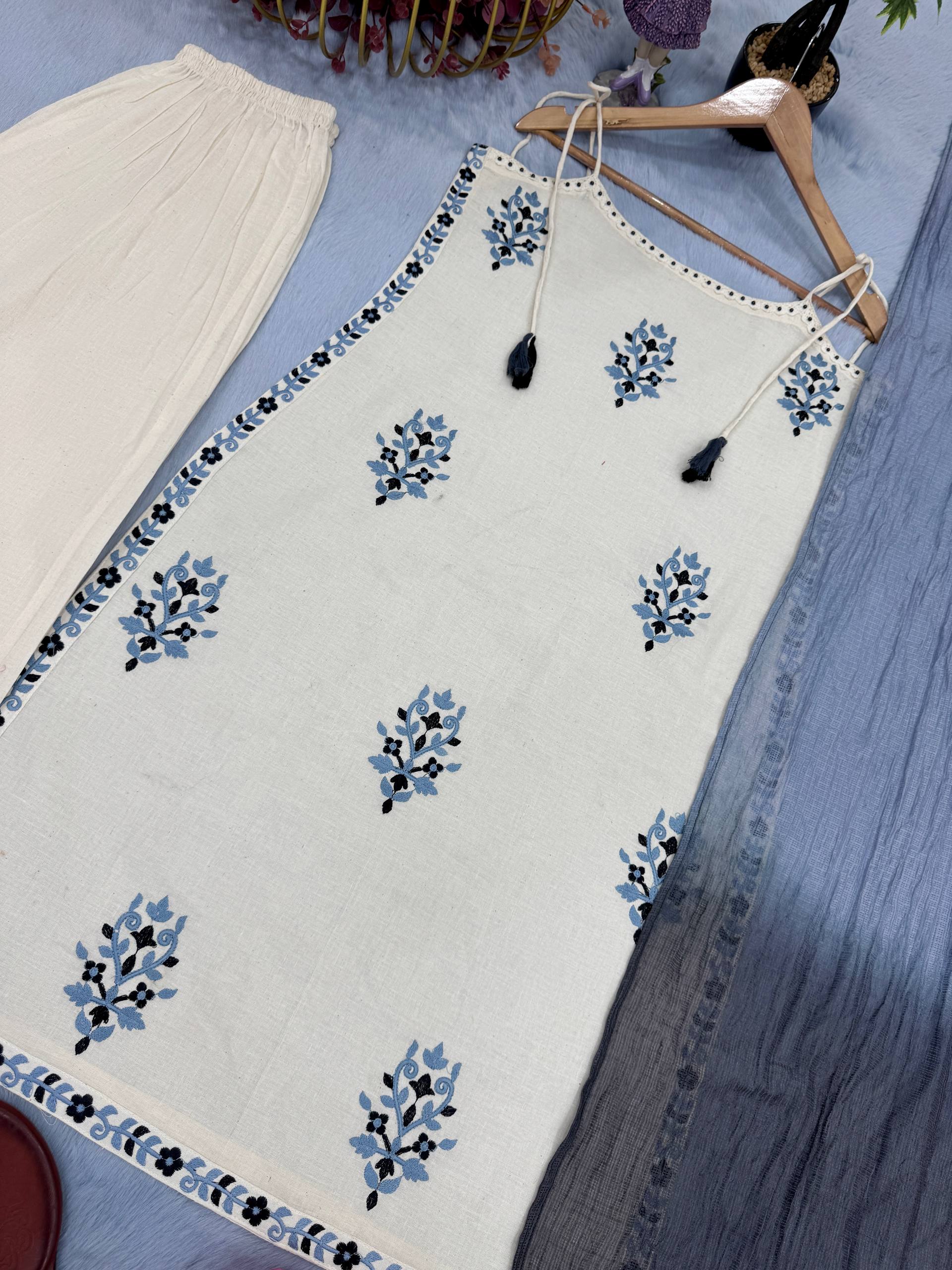 Stylish White Khadi Cotton Embroidery Salwar Suit