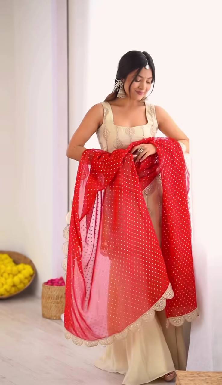 Trendy Beige Color Sequence Work Palazzo Suit