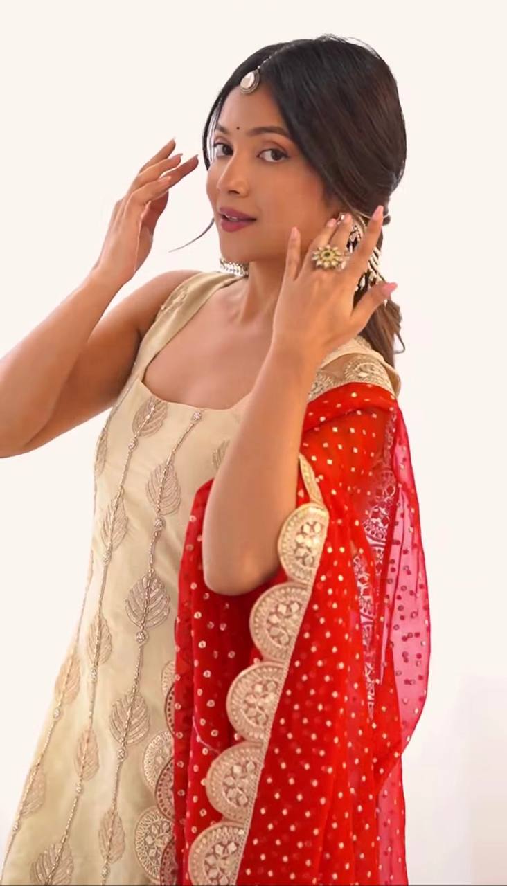 Trendy Beige Color Sequence Work Palazzo Suit