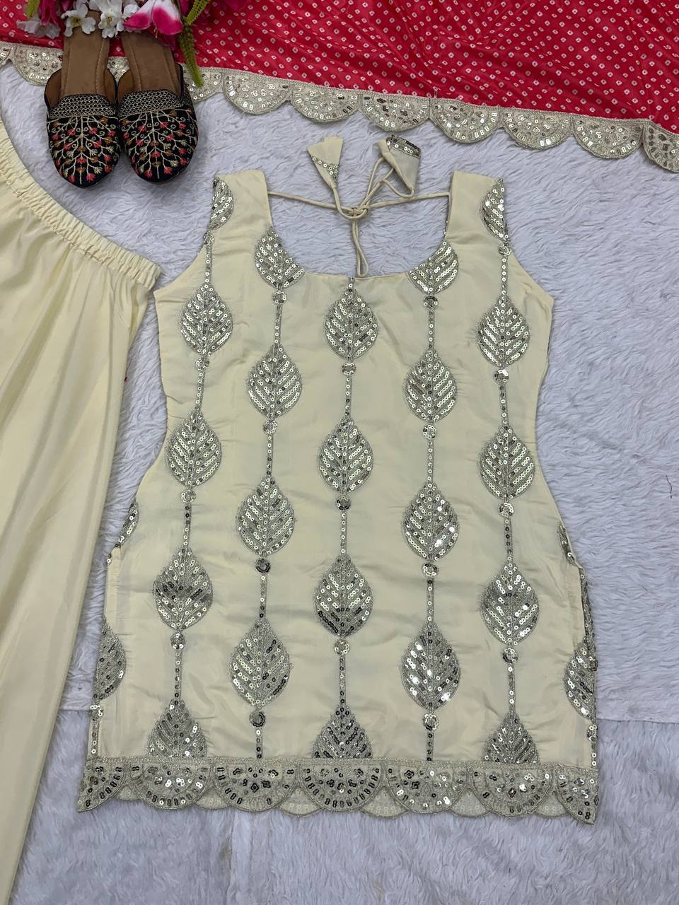 Trendy Beige Color Sequence Work Palazzo Suit