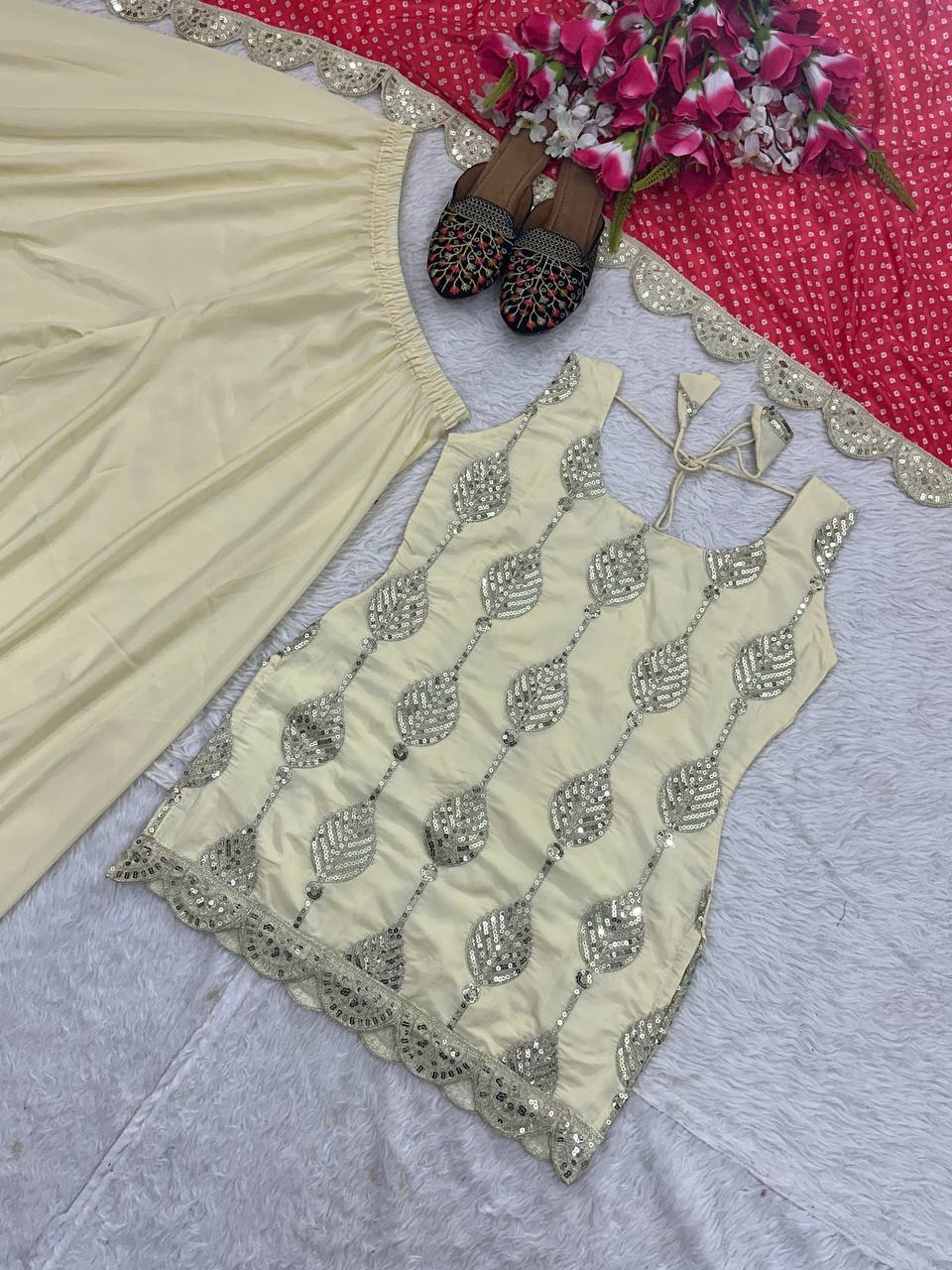 Trendy Beige Color Sequence Work Palazzo Suit