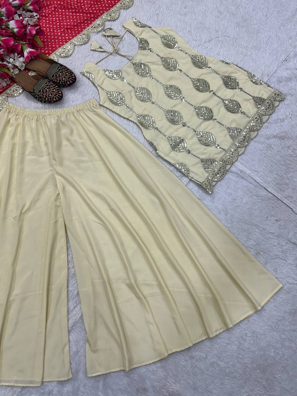 Trendy Beige Color Sequence Work Palazzo Suit