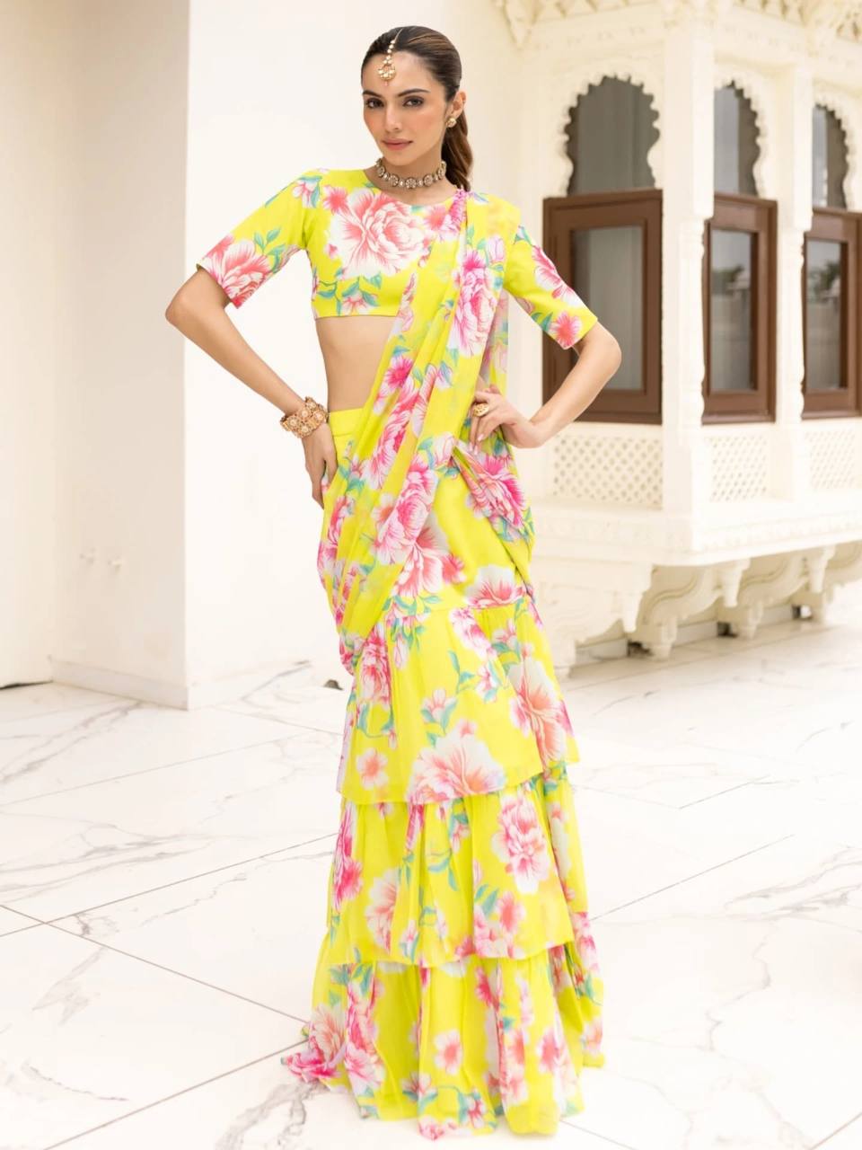 Pretty Yellow Georgette Ready To Wear Lehenga Saree