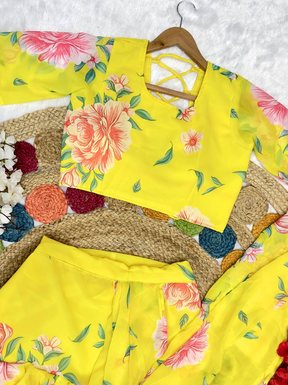 Pretty Yellow Georgette Ready To Wear Lehenga Saree