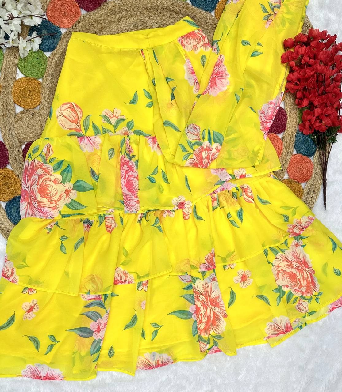 Pretty Yellow Georgette Ready To Wear Lehenga Saree