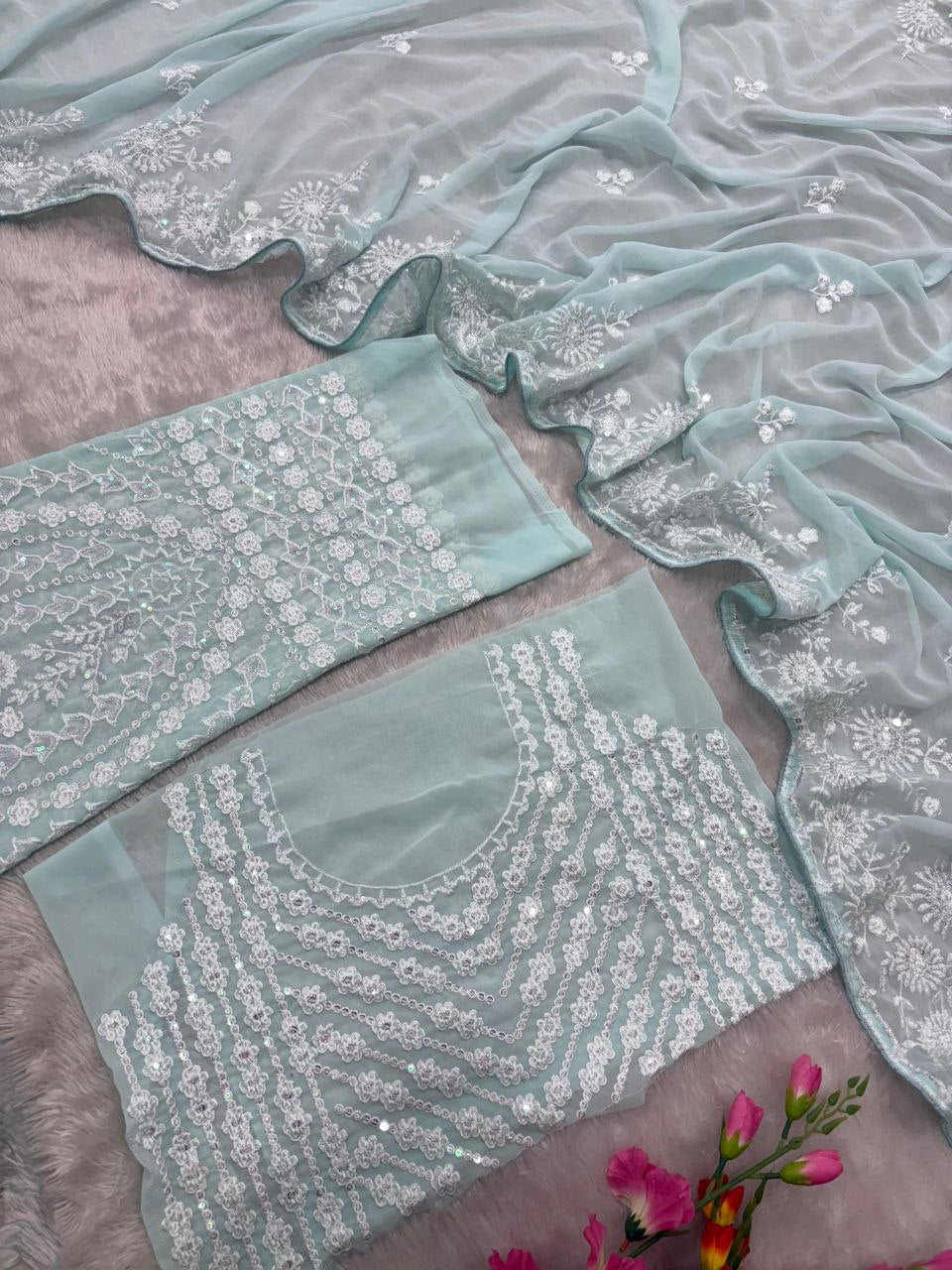 Alluring Sky Blue Georgette Thread Work Designer Saree