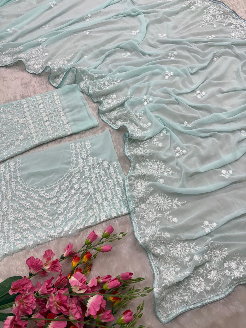 Alluring Sky Blue Georgette Thread Work Designer Saree