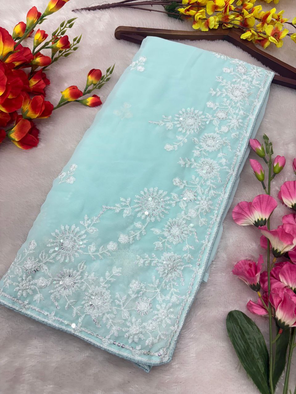 Alluring Sky Blue Georgette Thread Work Designer Saree