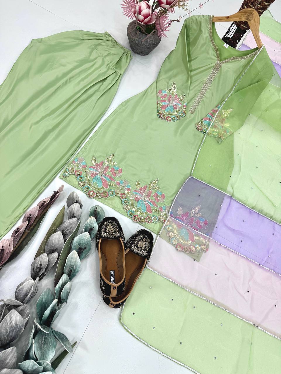 Lovely Green Crepe Sequence Work Punjabi Style Palazzo Suit