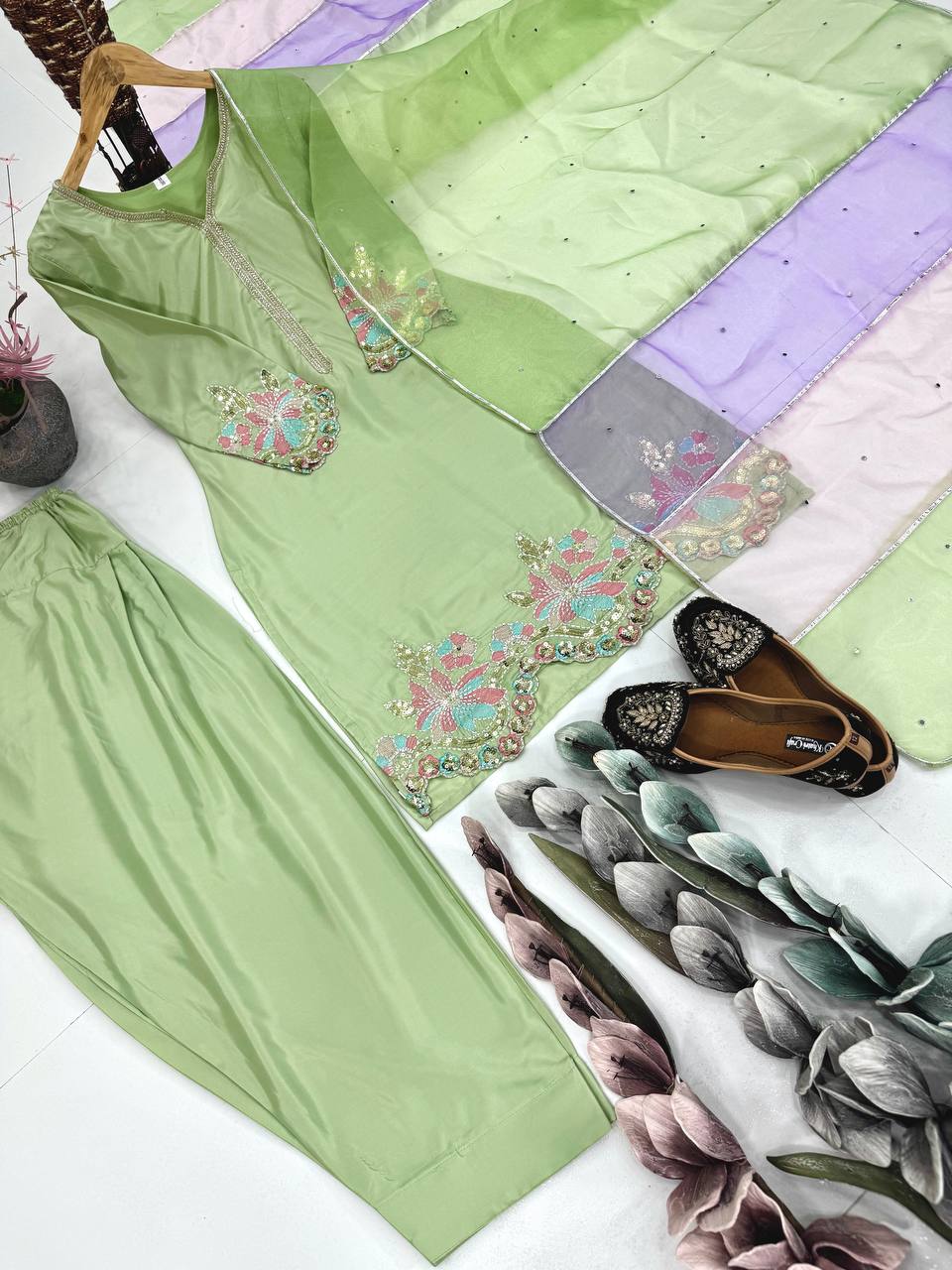Lovely Green Crepe Sequence Work Punjabi Style Palazzo Suit