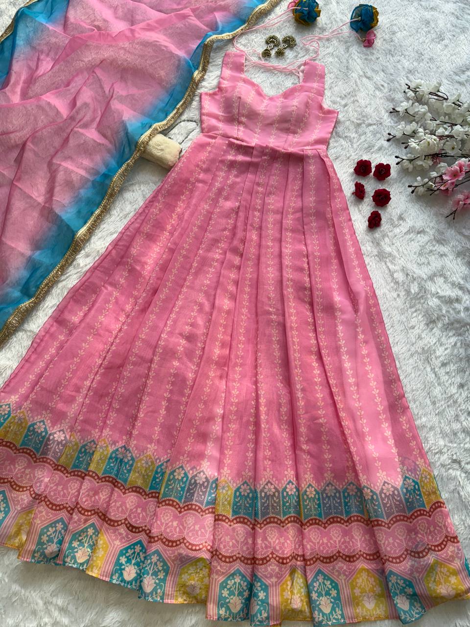 Trendy Pink Organza Digital Printed Anarkali Gown