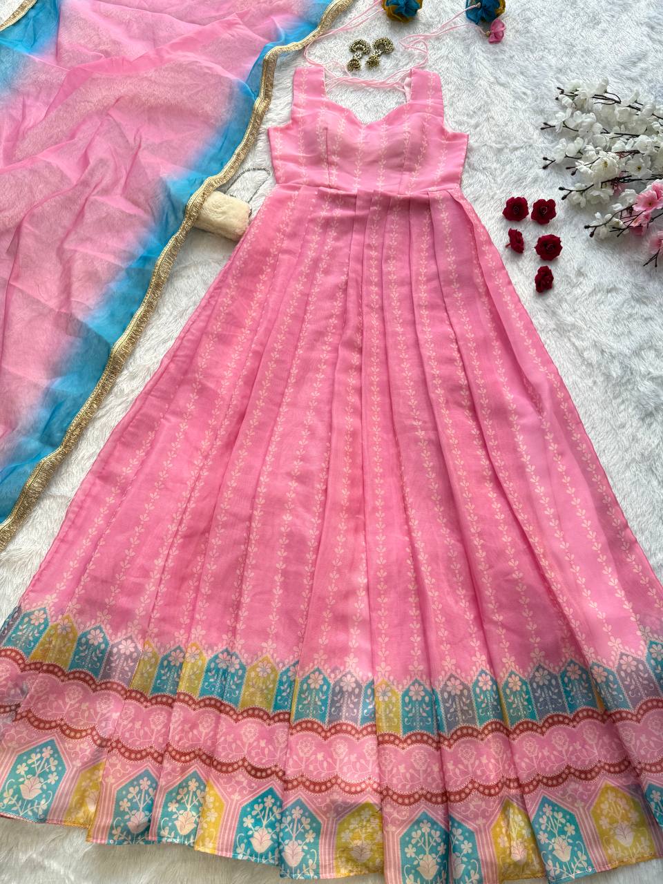 Trendy Pink Organza Digital Printed Anarkali Gown