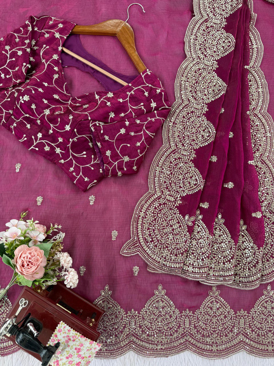 Exclusive Wine Chiffon Thread Work Saree