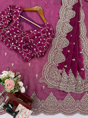 Exclusive Wine Chiffon Thread Work Saree