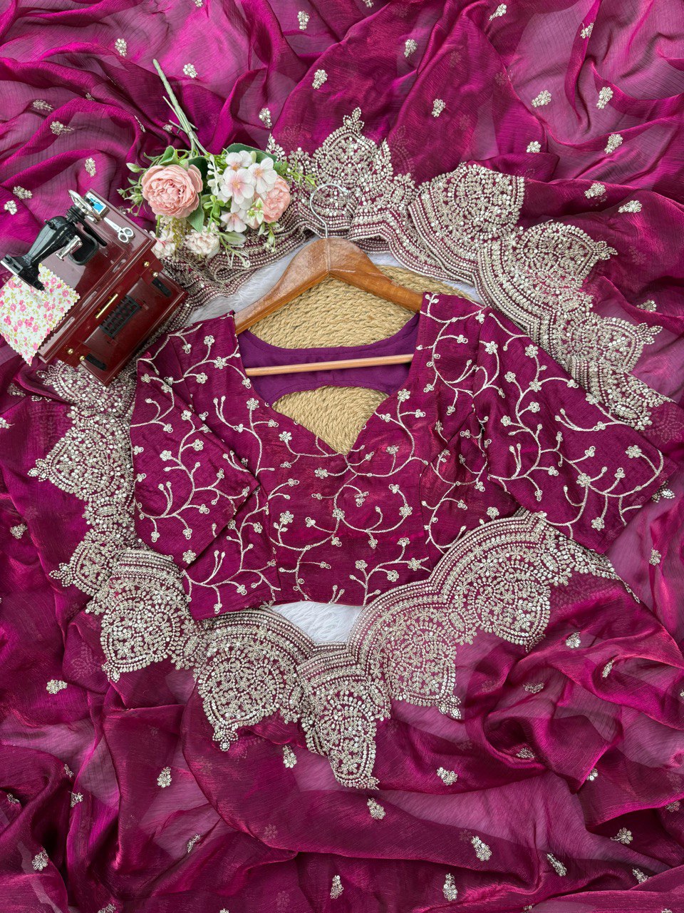 Exclusive Wine Chiffon Thread Work Saree
