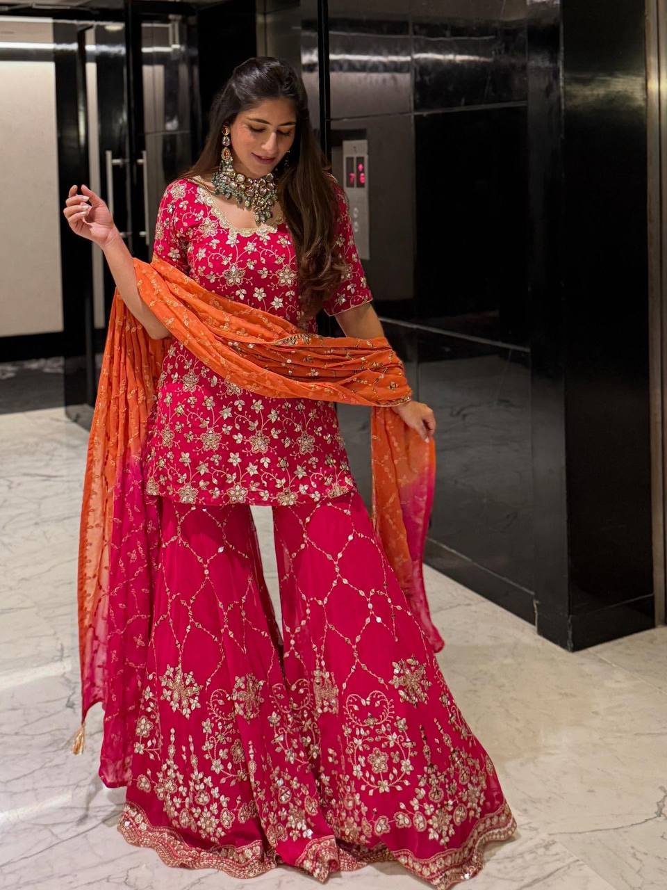 Ravishing Red Georgette Sequence Work Sharara Suit