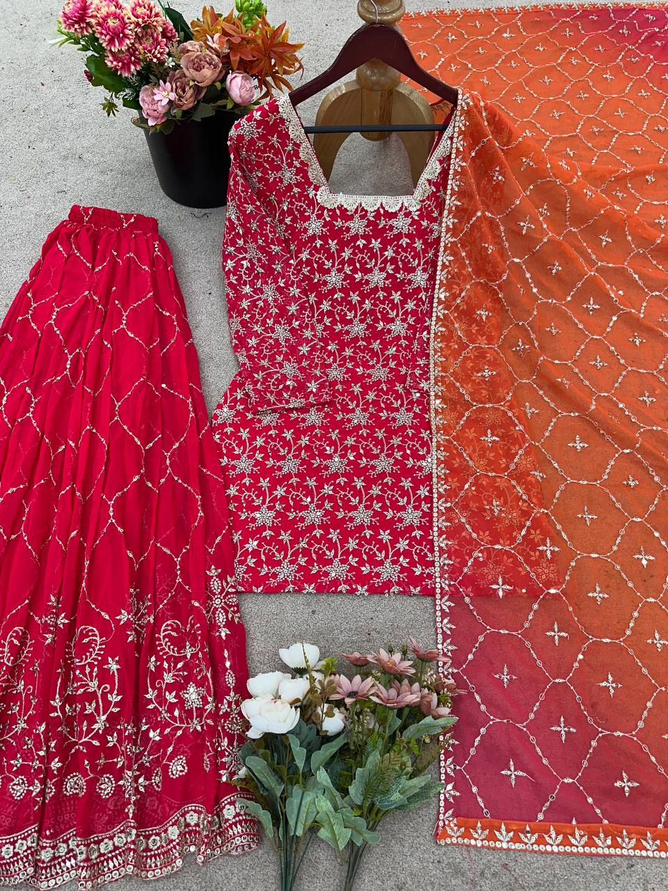 Ravishing Red Georgette Sequence Work Sharara Suit