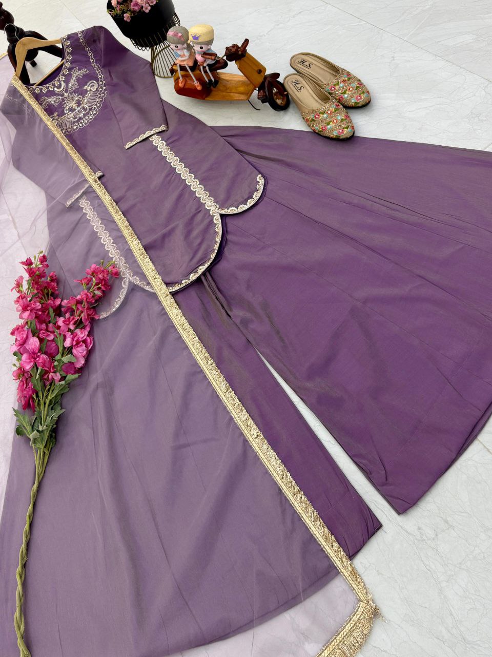 Stylish Lavender Roman Simar Silk Sequence Embroidery Sharara Suit
