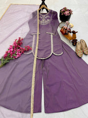 Stylish Lavender Roman Simar Silk Sequence Embroidery Sharara Suit