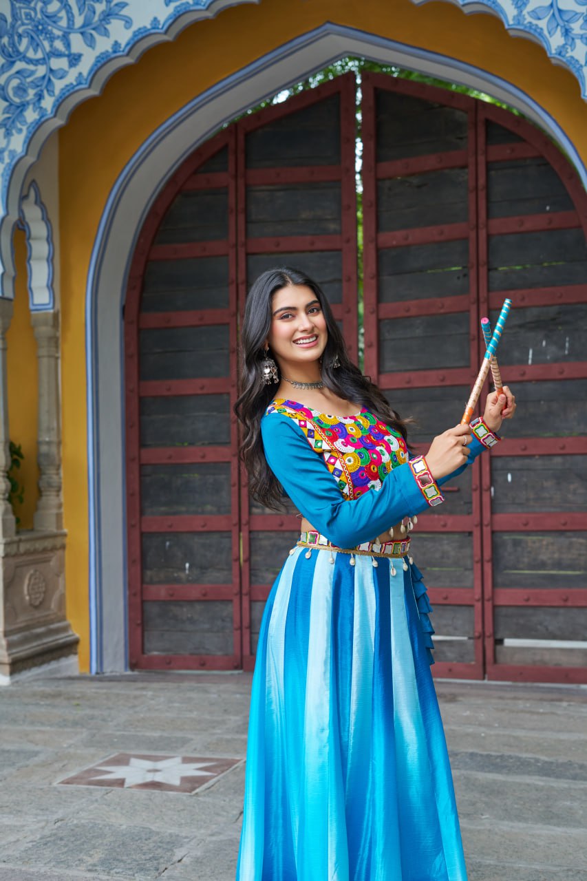Trendy Sky Blue Chinon Embroidered Lehenga Choli