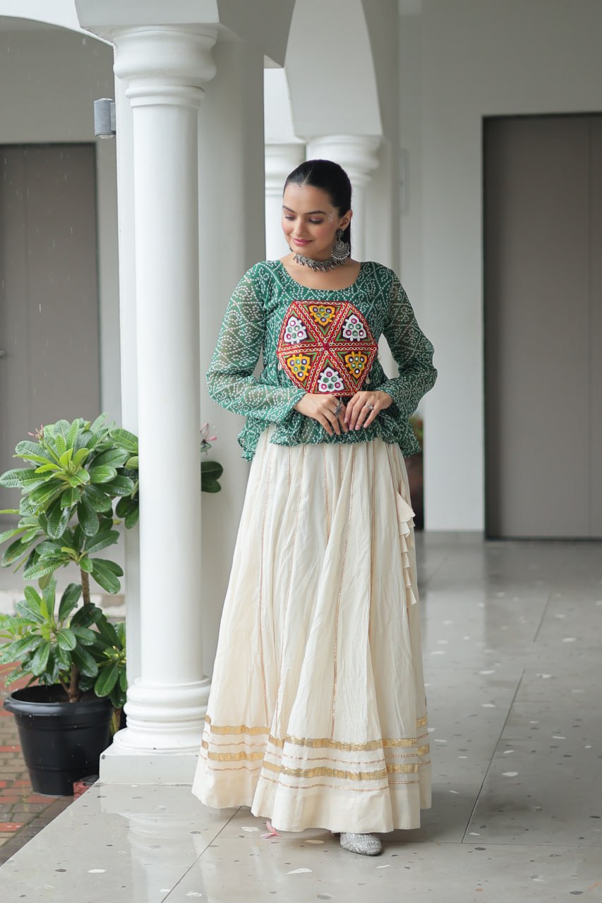 Navratri Collection Green Cotton Kutchi Gamthi Work Lehenga Choli