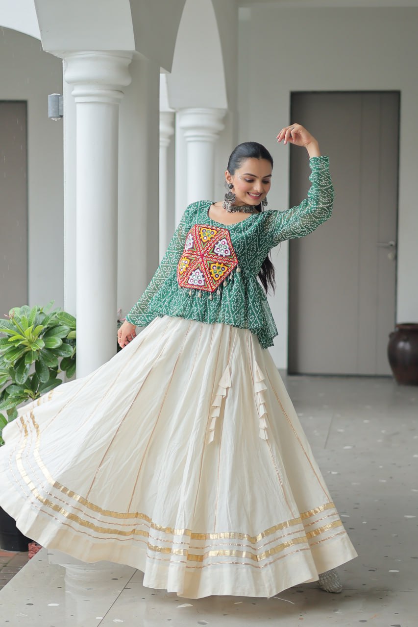 Navratri Collection Green Cotton Kutchi Gamthi Work Lehenga Choli