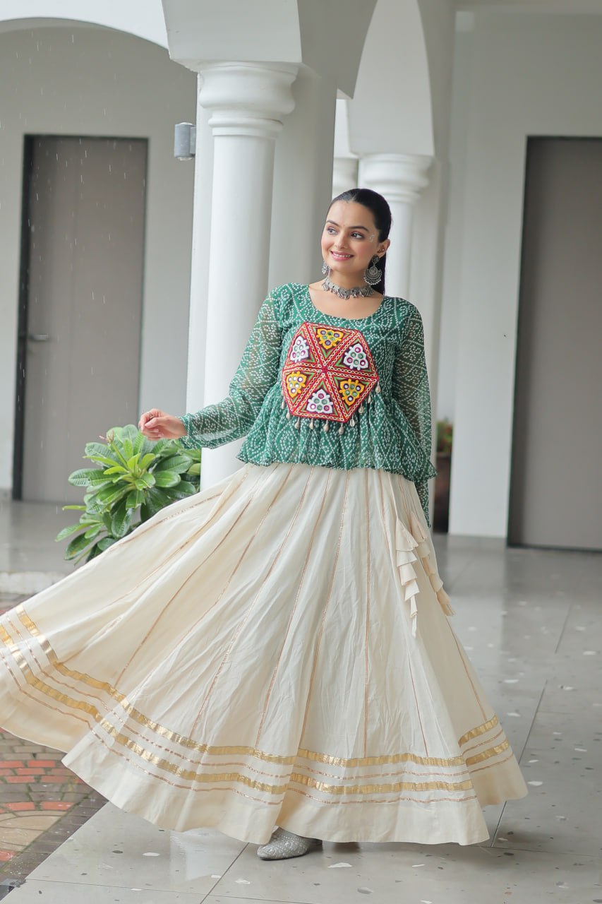 Navratri Collection Green Cotton Kutchi Gamthi Work Lehenga Choli