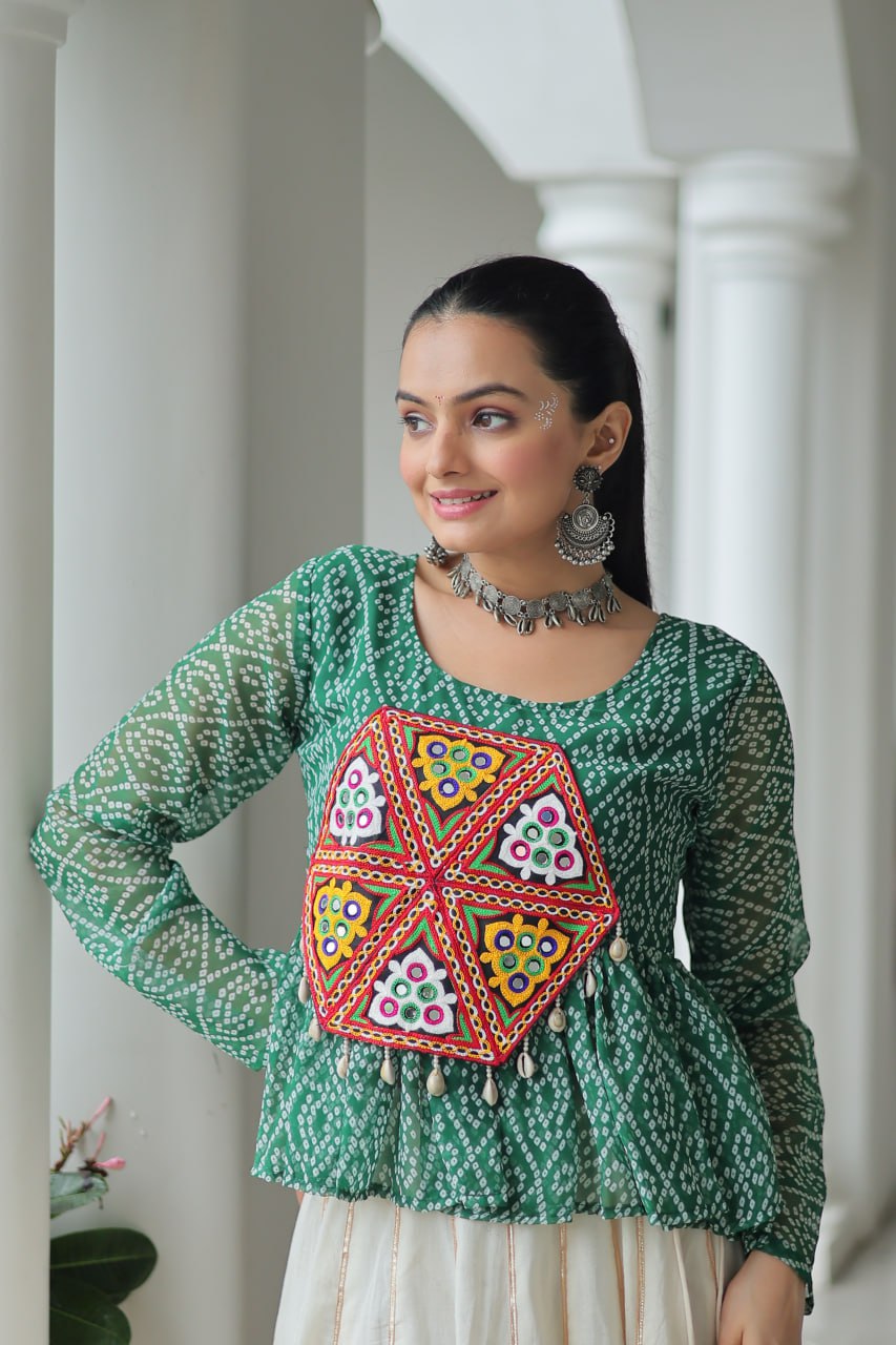 Navratri Collection Green Cotton Kutchi Gamthi Work Lehenga Choli