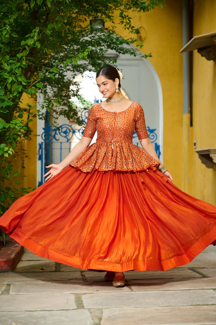 Trendy Orange Fendy Embroidered Top With Lehenga