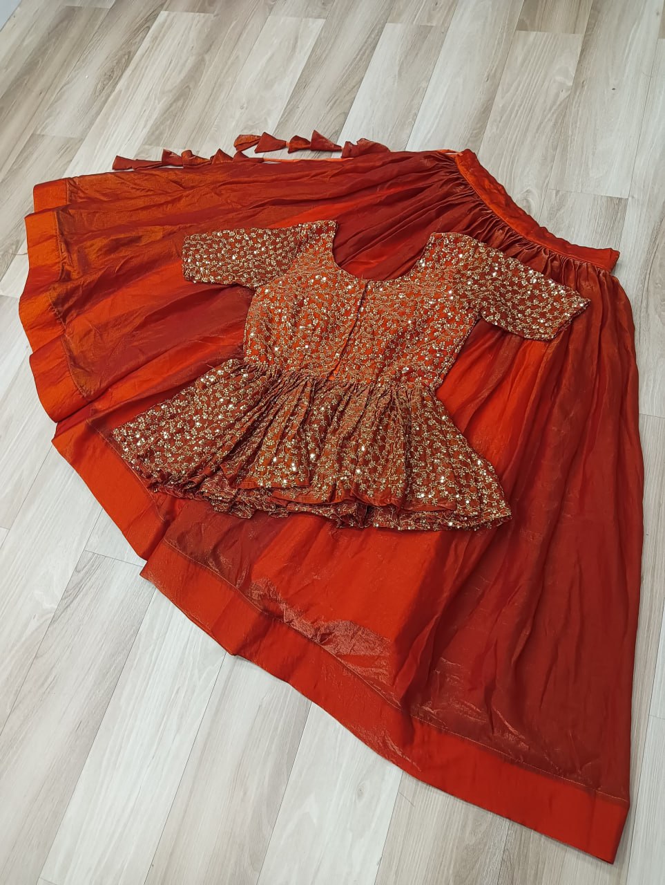 Trendy Orange Fendy Embroidered Top With Lehenga