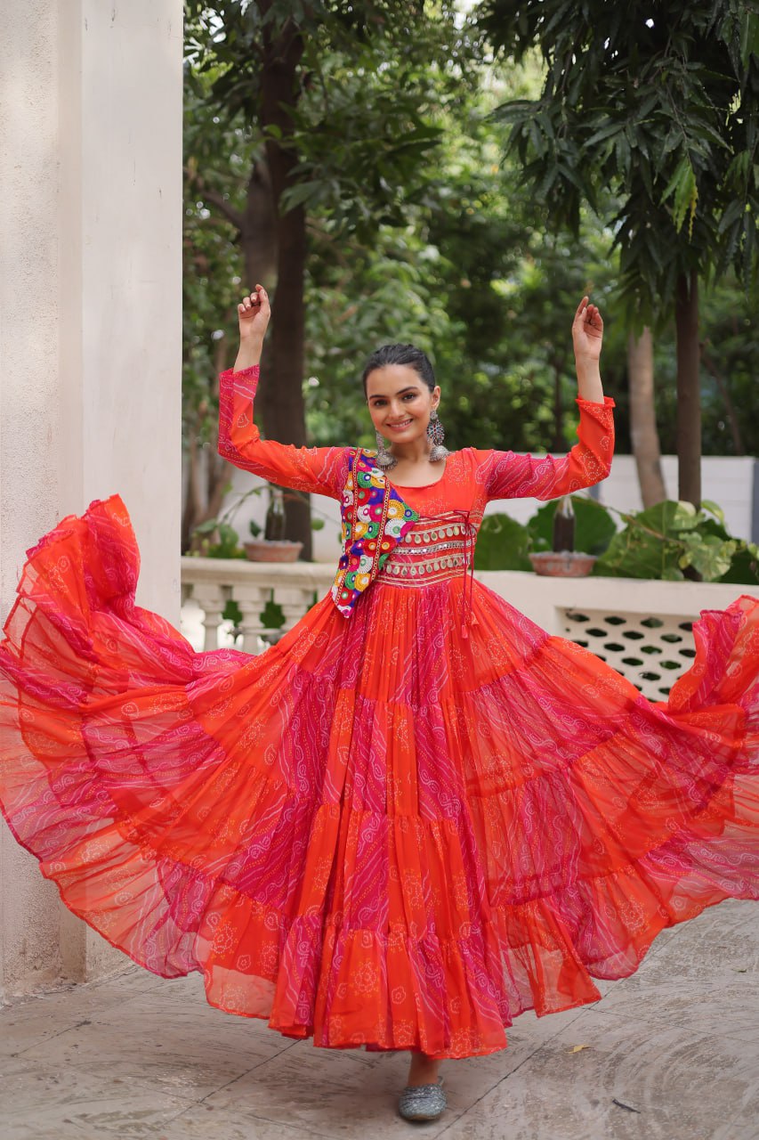 Ravishing Red Georgette Kutchi Work Gown