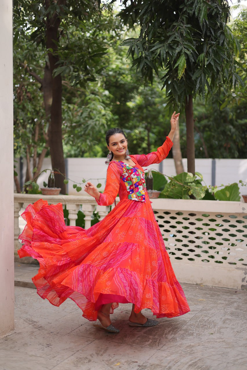 Ravishing Red Georgette Kutchi Work Gown