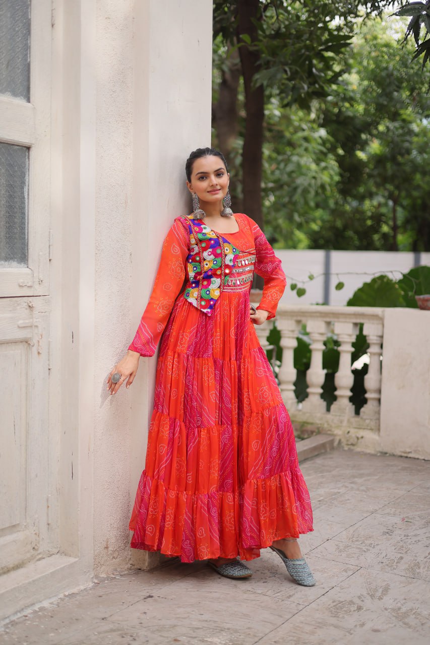 Ravishing Red Georgette Kutchi Work Gown