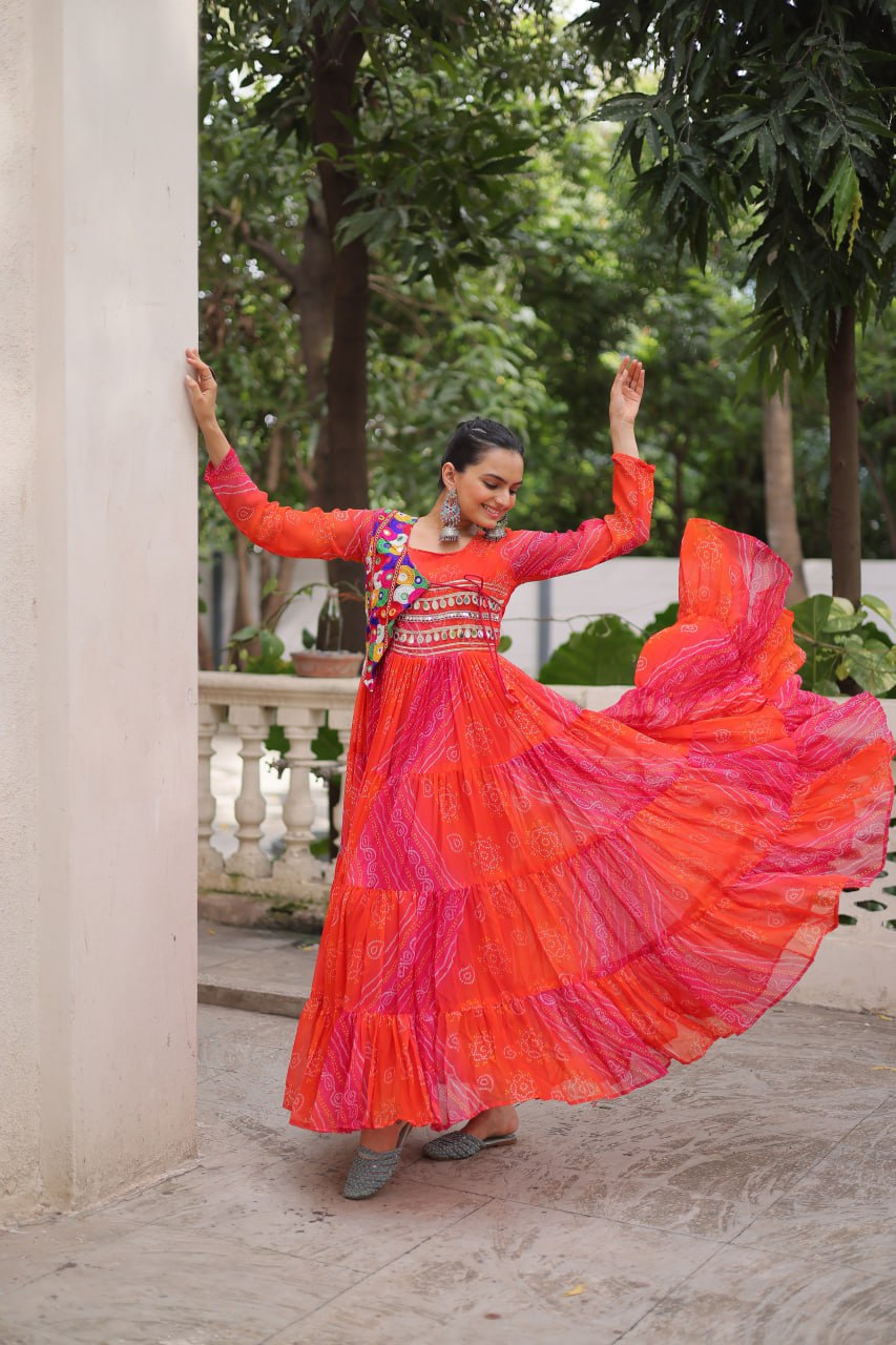 Ravishing Red Georgette Kutchi Work Gown