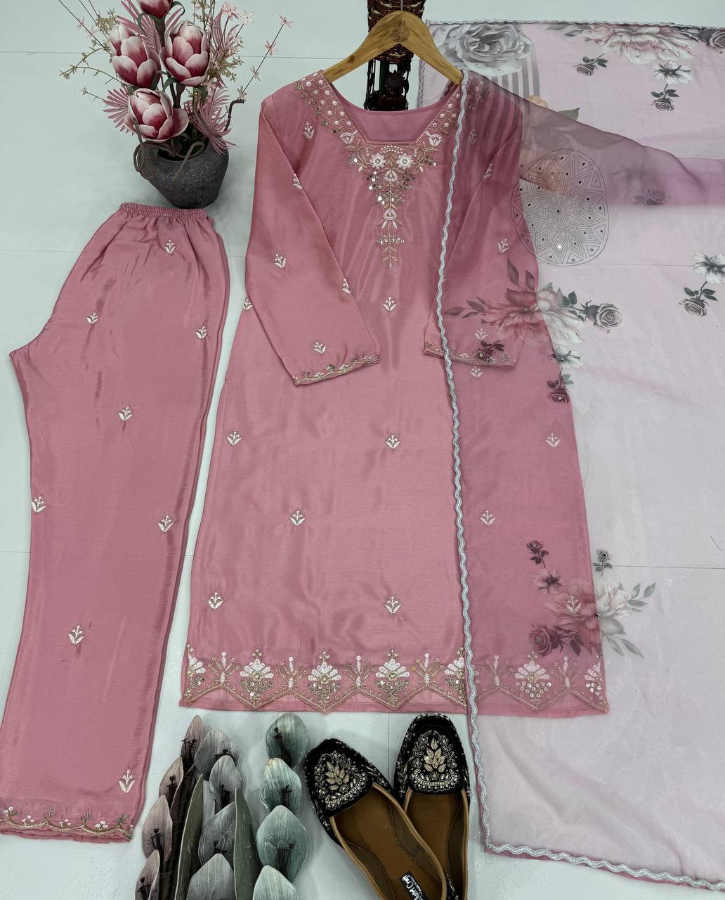 Lovely Pink Sequence Work Straight Salwar Suit