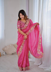 Exclusive Gold Pink  Color Crush Embroidery Work Saree