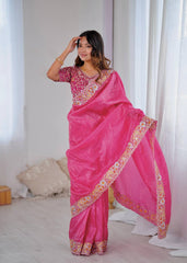 Exclusive Gold Pink  Color Crush Embroidery Work Saree