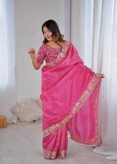 Exclusive Gold Pink  Color Crush Embroidery Work Saree