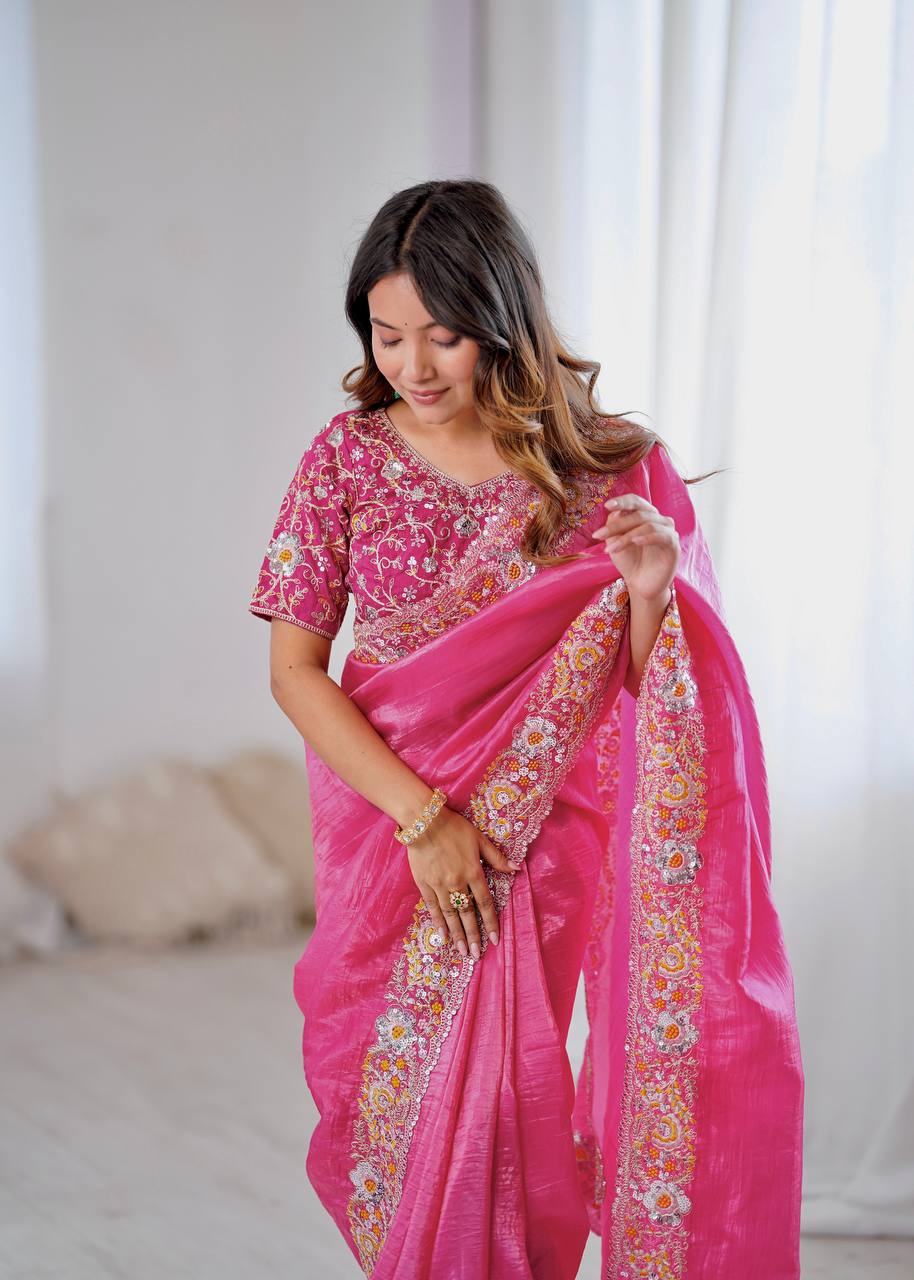 Exclusive Gold Pink  Color Crush Embroidery Work Saree