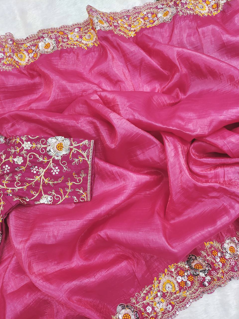 Exclusive Gold Pink  Color Crush Embroidery Work Saree