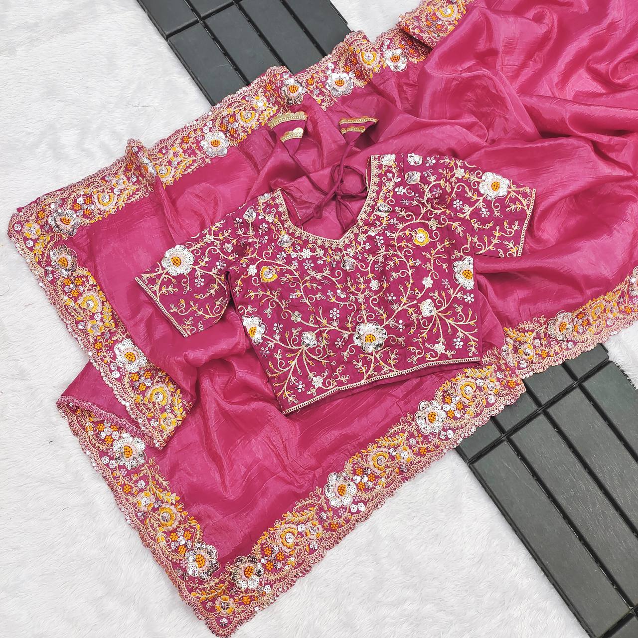 Exclusive Gold Pink  Color Crush Embroidery Work Saree