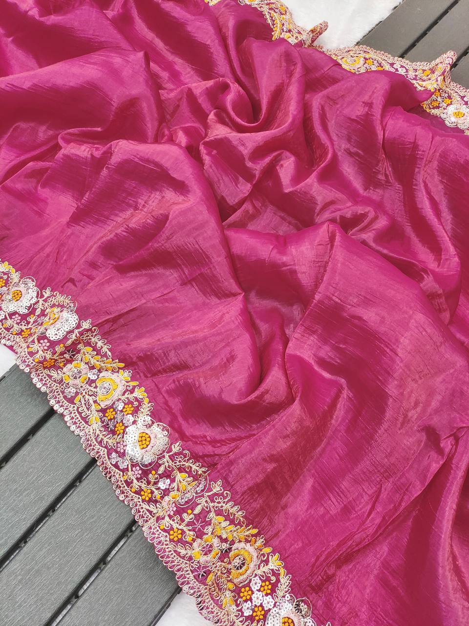 Exclusive Gold Pink  Color Crush Embroidery Work Saree